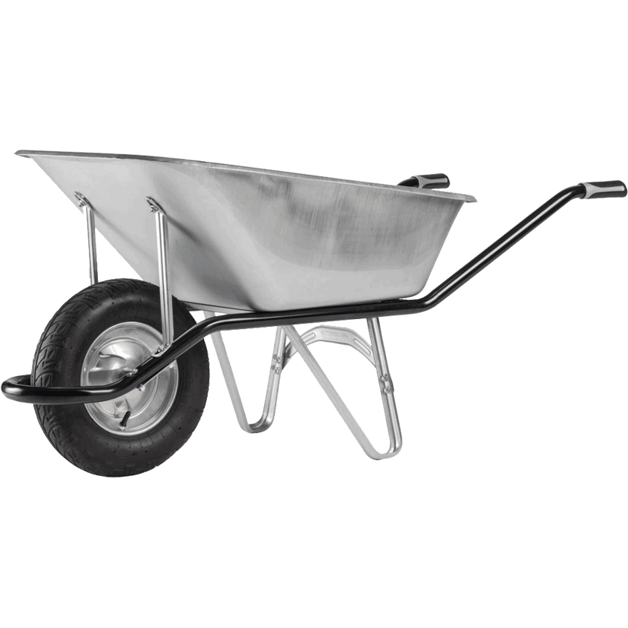 Строителна количка DJTR 120 HM CARGO EXCELLIUM - общ изглед: поцинковано корито от стоманена ламарина, тръбна рамка, едно пневматично колело.