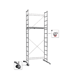 Aluminum scaffolding Sten H - a common view of the facility with one work area and a working height of 4.70 m.