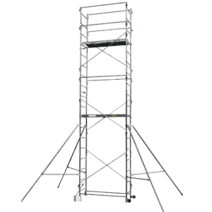 Aluminum scaffold "Sten Up" has a working height of up to 6.70 m and a load capacity of 150 kg / m2. It is easy to assemble, has four corner supports and wheels for movement.