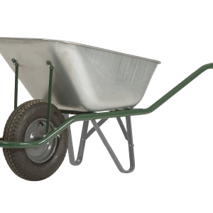 Wheelbarrow DJTR 120 - a hand trolley  with a tubular frame, a galvanized tray with two props, two handles and a guide wheel.