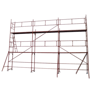 Facade scaffolding GD 42/48, complete view. Protective parapets, struts, diagonals, ladder, work platform.