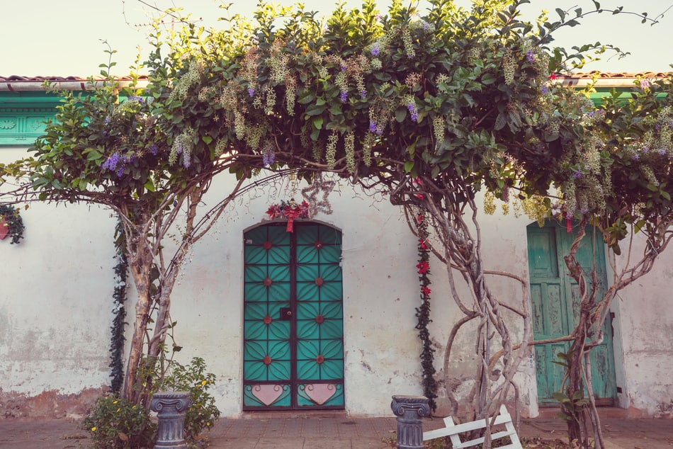 Старинна врата с къща с арка от цветя